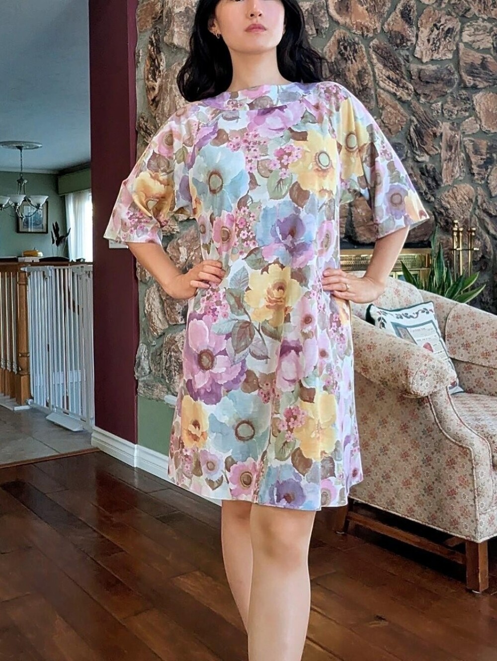 Vintage Floral Mini Dress in Purple & Blue